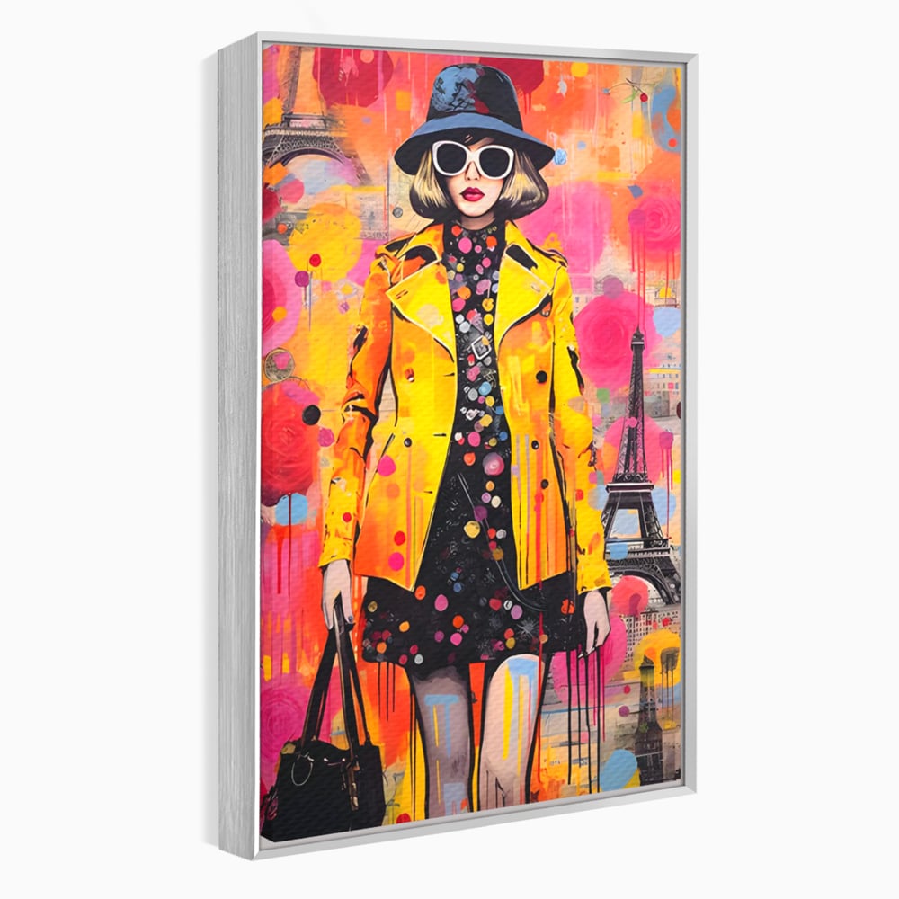 Tablou canvas cu tablou canvas cu ilustratie fashionista, in rama de aluminiu argintiu